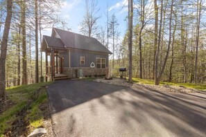 A cabin with a porch, a mailbox, and a driveway in a forested area. - Trailhead Lodge #13 Loft + Fire Pit (Cosby)