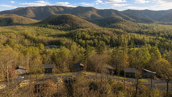 Et boligområde med flere huse, omgivet af tæt skov og bjerge i baggrunden.
