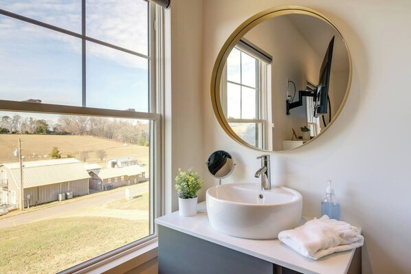 A bathroom with a large window, a round mirror, a sink, a small plant, and a towel.