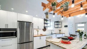 A modern kitchen with stainless steel appliances, wooden ceiling beams, and hanging plants. - Barndo2 Modern European Style Home of Fluffy Cows (Jefferson City)
