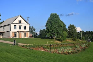 Een twee verdiepingen tellend huis met een schuin dak, een zichtbare schoorsteen en een grote boom in de voortuin.