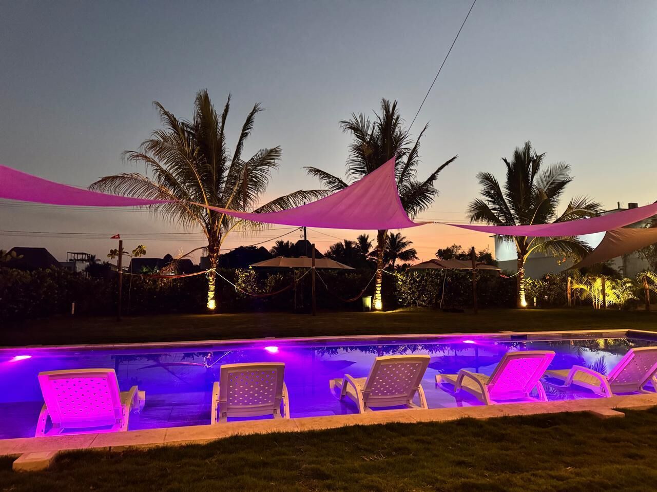 A swimming pool with lounge chairs and a pink canopy.