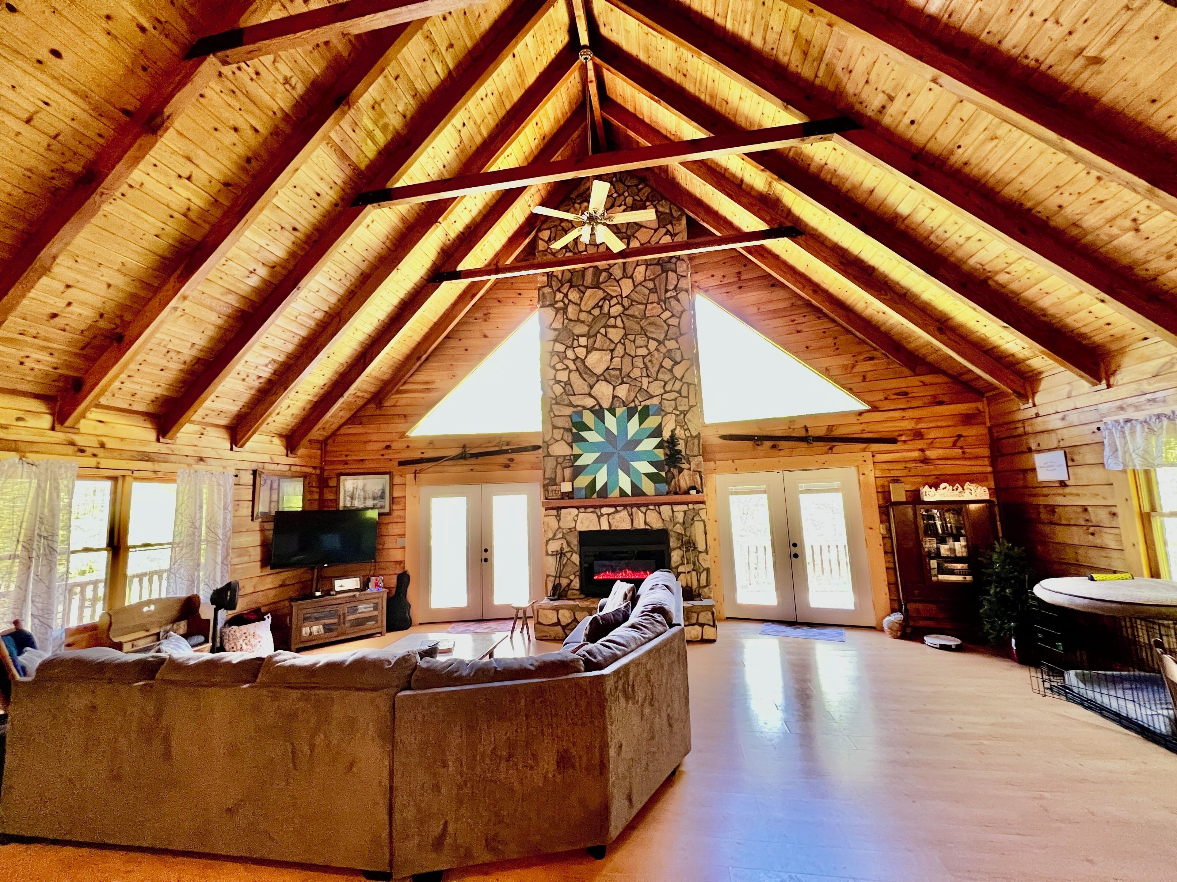 Smart TV, fireplace, books