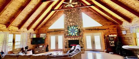 Smart TV, fireplace, books