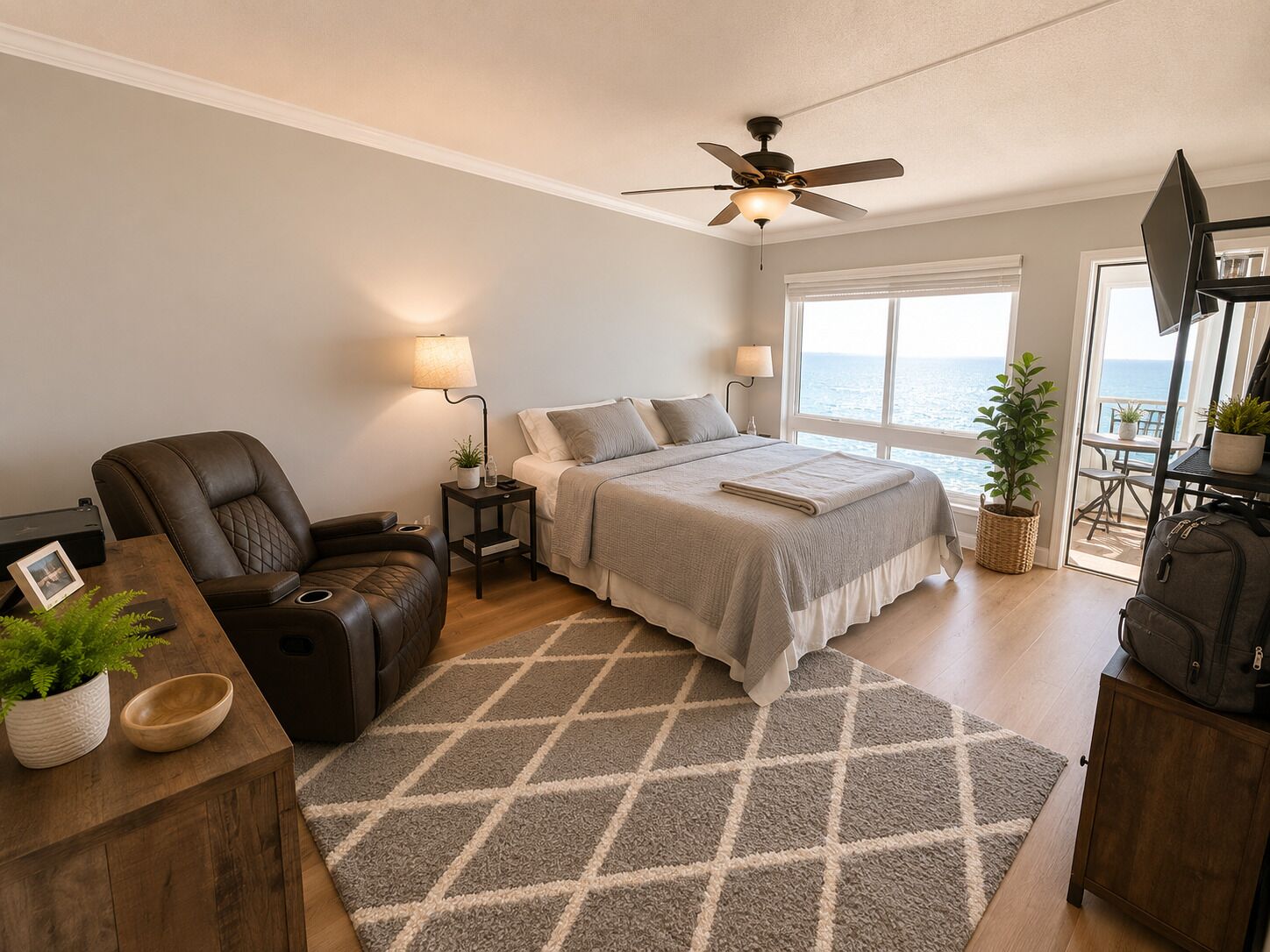 A bedroom with a bed, a chair, a desk, a ceiling fan, a window with a view, and a TV.