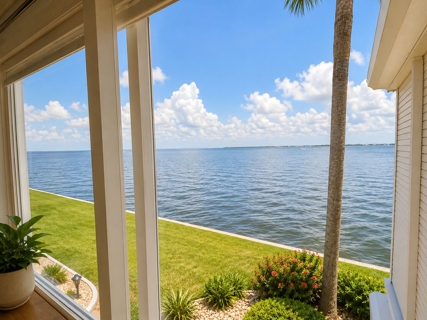 A view from a window overlooking a body of water with a grassy area and a palm tree.
