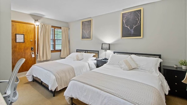 Ein Hotelzimmer mit zwei Betten, einem Schreibtisch, einem Stuhl, einem fenster mit Vorhängen und aufgehängten Hirschgeweihen an der Wand.