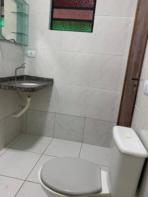 Een kleine badkamer met toilet, wastafel en spiegel.