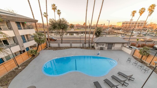 A swimming pool with lounge chairs, a small building, and tall palm trees. - Bright, Modern Room for Your Family Trips Near Banner Island Ballpark - 0.7 mile (Stockton)