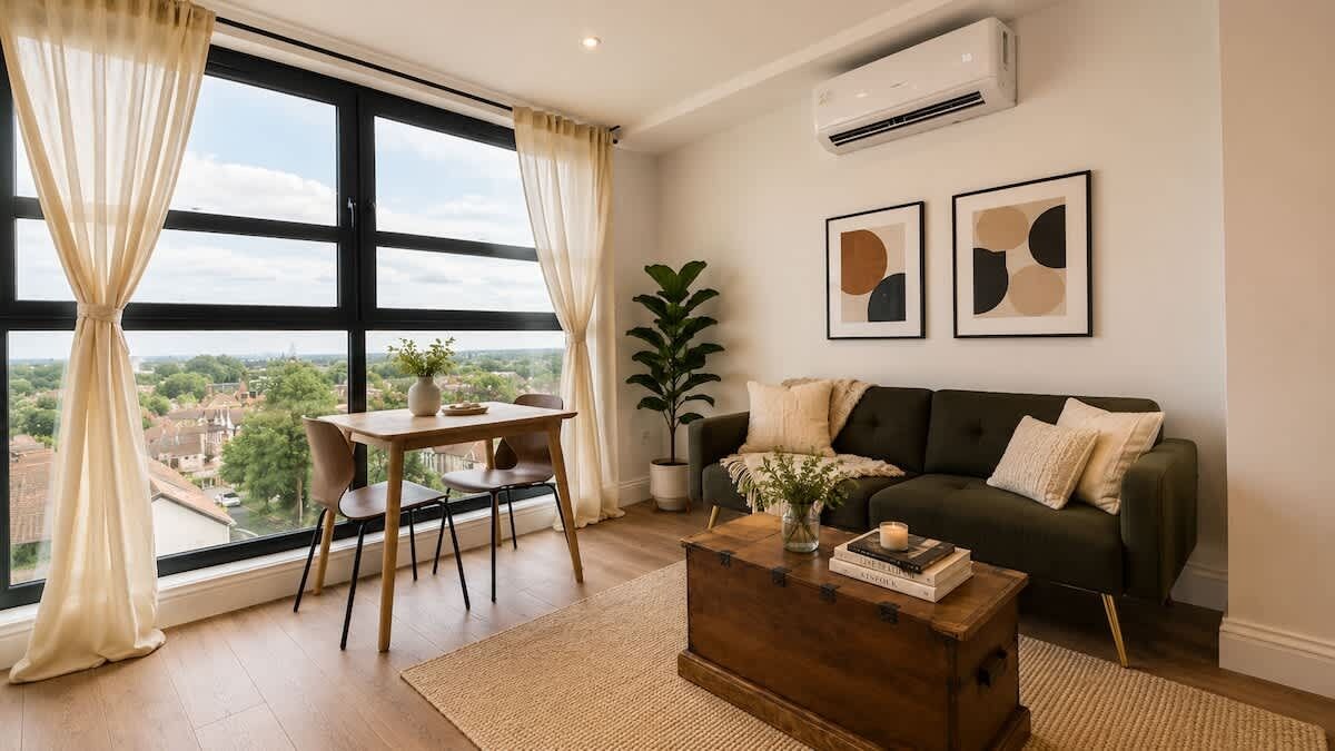 A living room with a sofa, a coffee table, a dining table with chairs, and a large window with curtains.