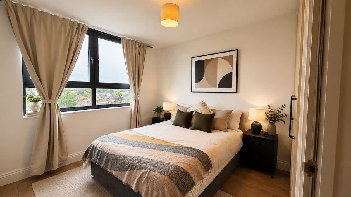 A bedroom with a bed, curtains, a window, a bedside table, a lamp, and a framed picture on the wall.