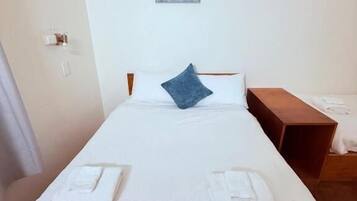 A single bed with white linens, a blue pillow, and a wooden headboard. There is a small wooden nightstand to the right and a wall-mounted light fixture above the bed.