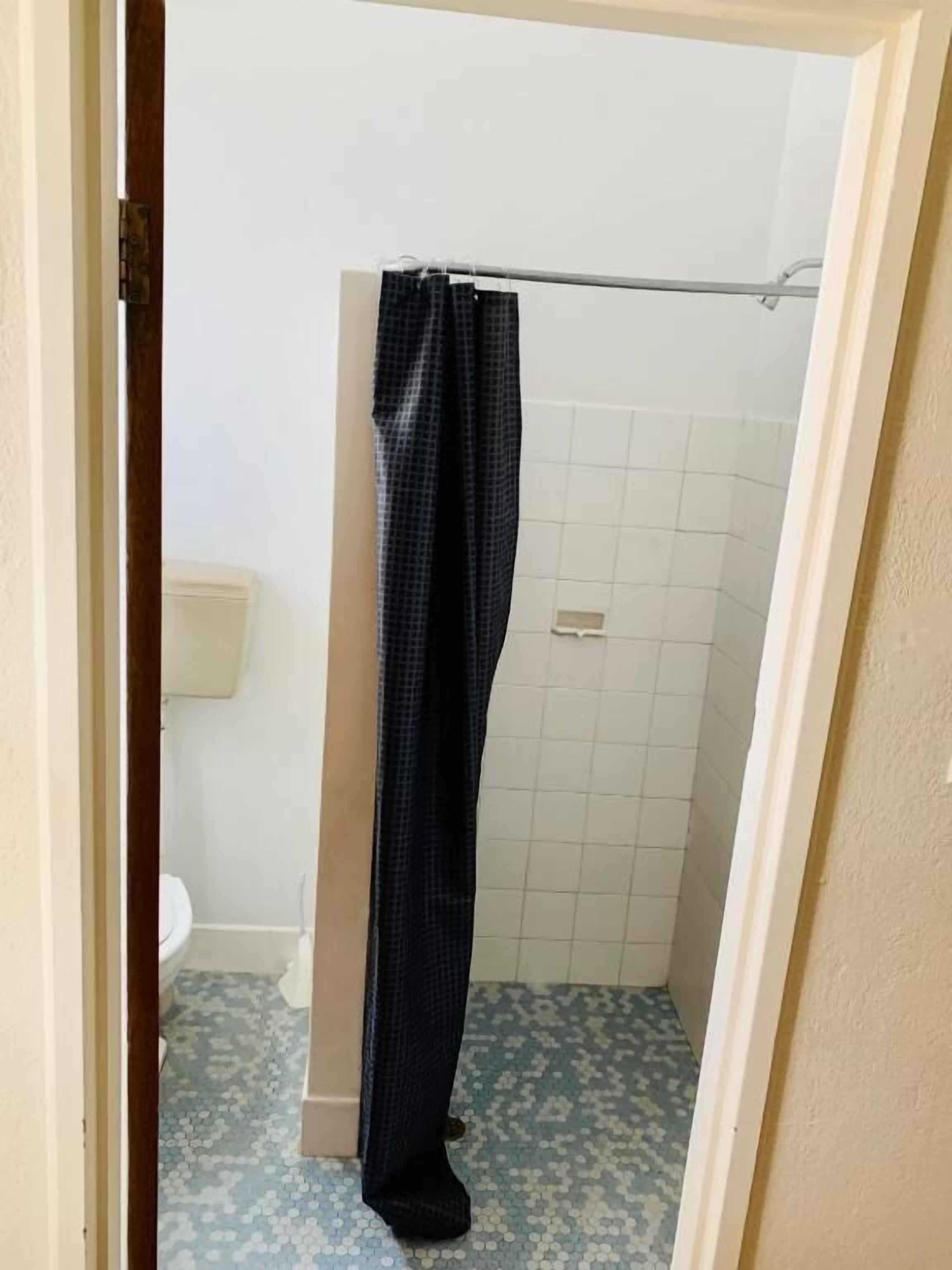 A bathroom with a shower, toilet, and patterned floor tiles.