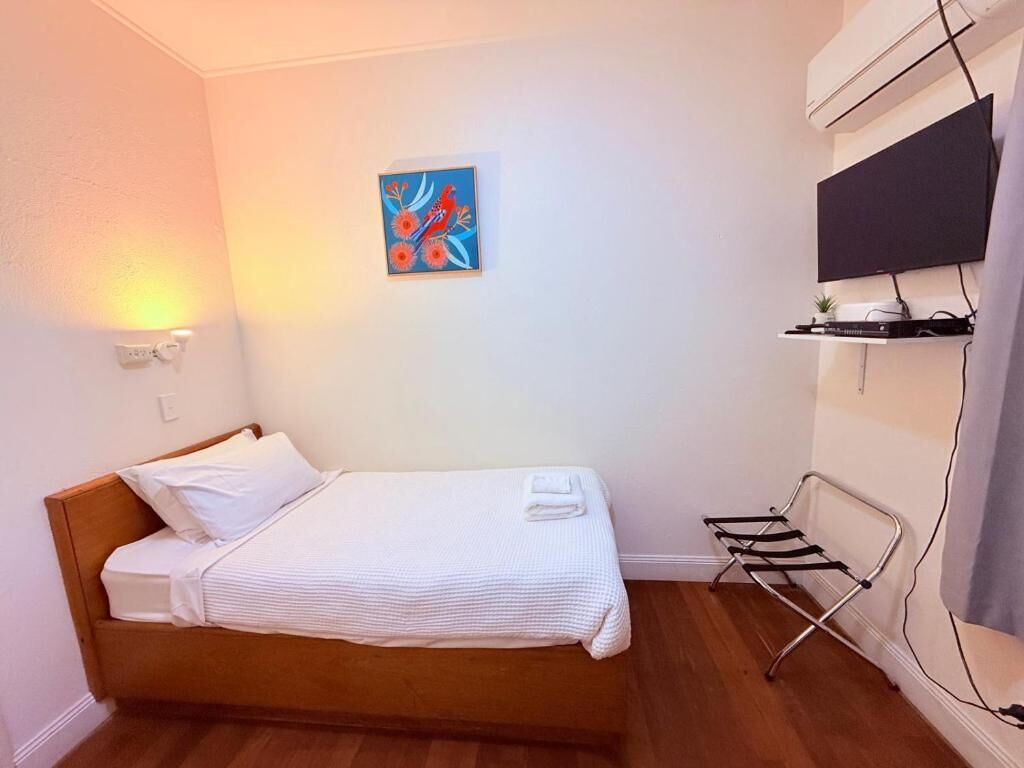 A single bed with a wooden headboard, a wall-mounted TV, a small shelf with a plant, and a wall-mounted light.