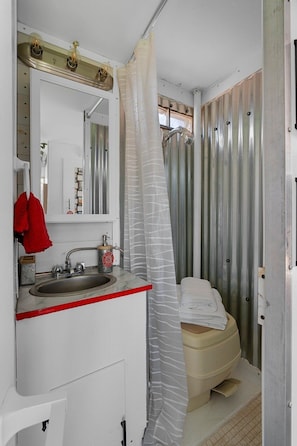A compact bathroom with a sink, mirror, shower curtain, and a toilet. - Unique Vintage Motorhome Stay | Cañon City Retreat (Canon City)