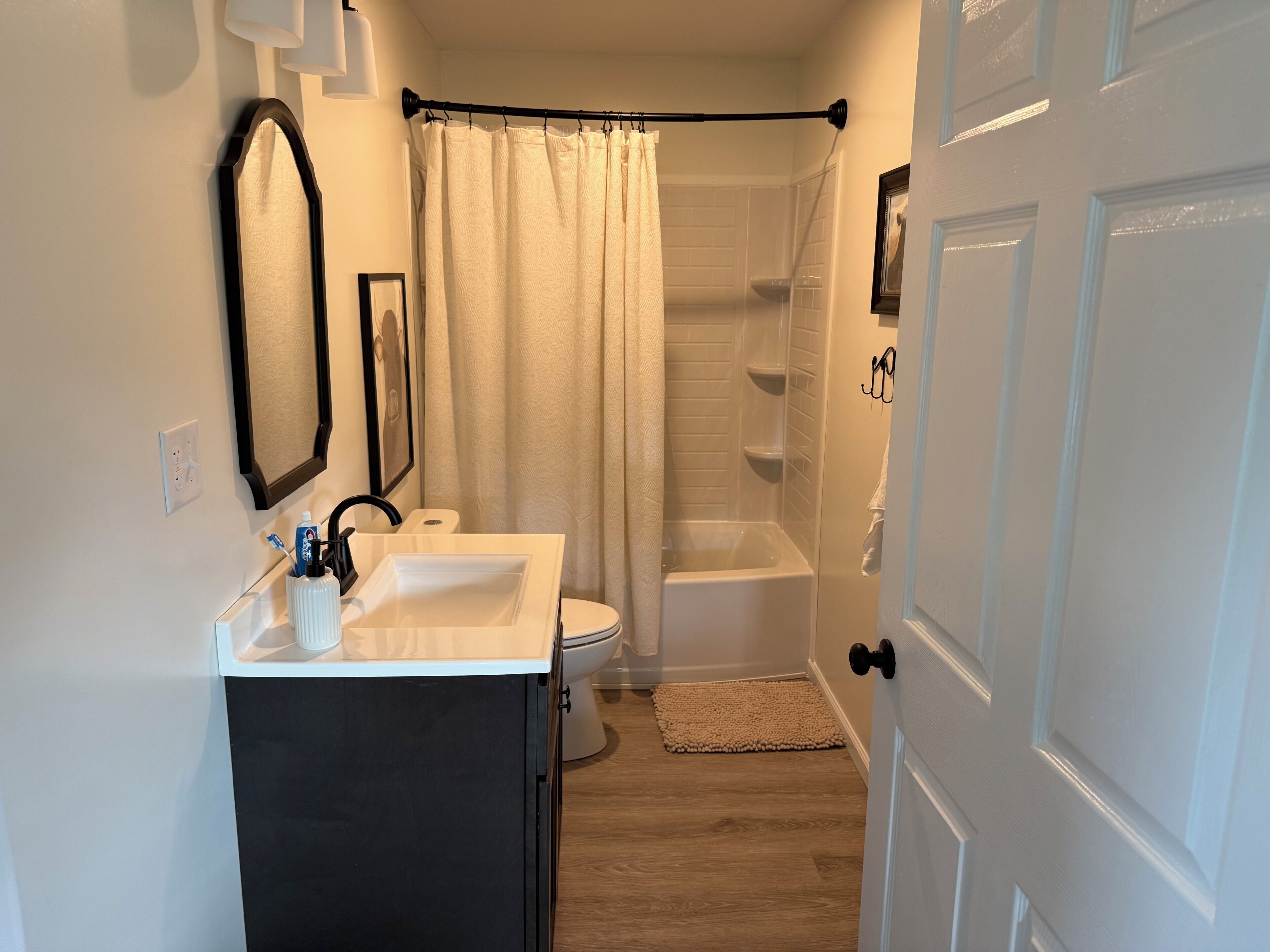 Hair dryer, towels, soap, toilet paper