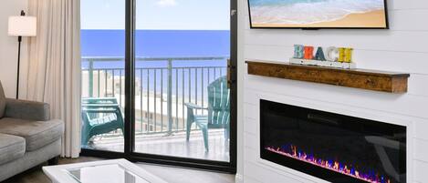 Smart TV, fireplace, video games, books