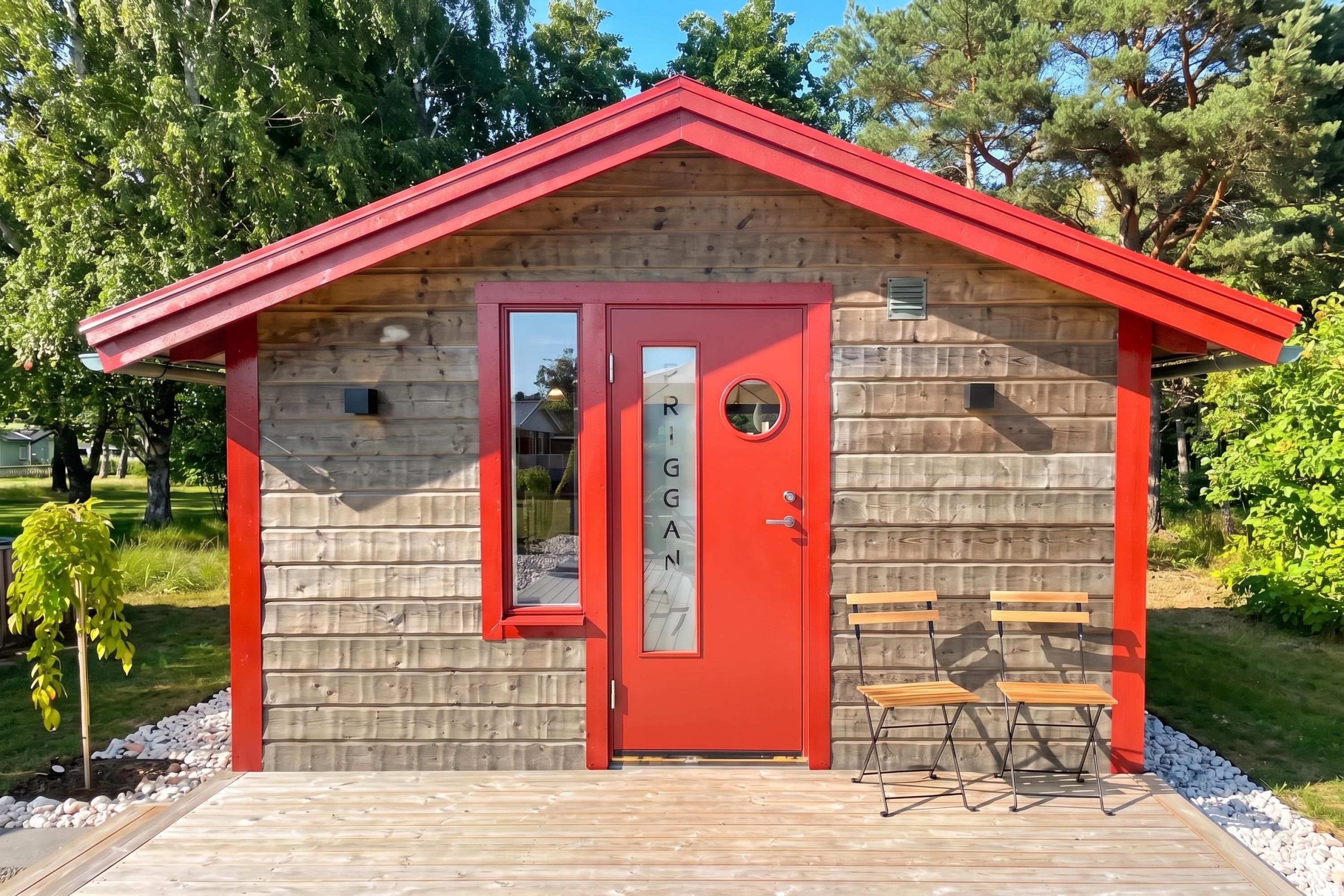 A small wooden cabin with a red roof, a door with a circular window, and a bench outside.