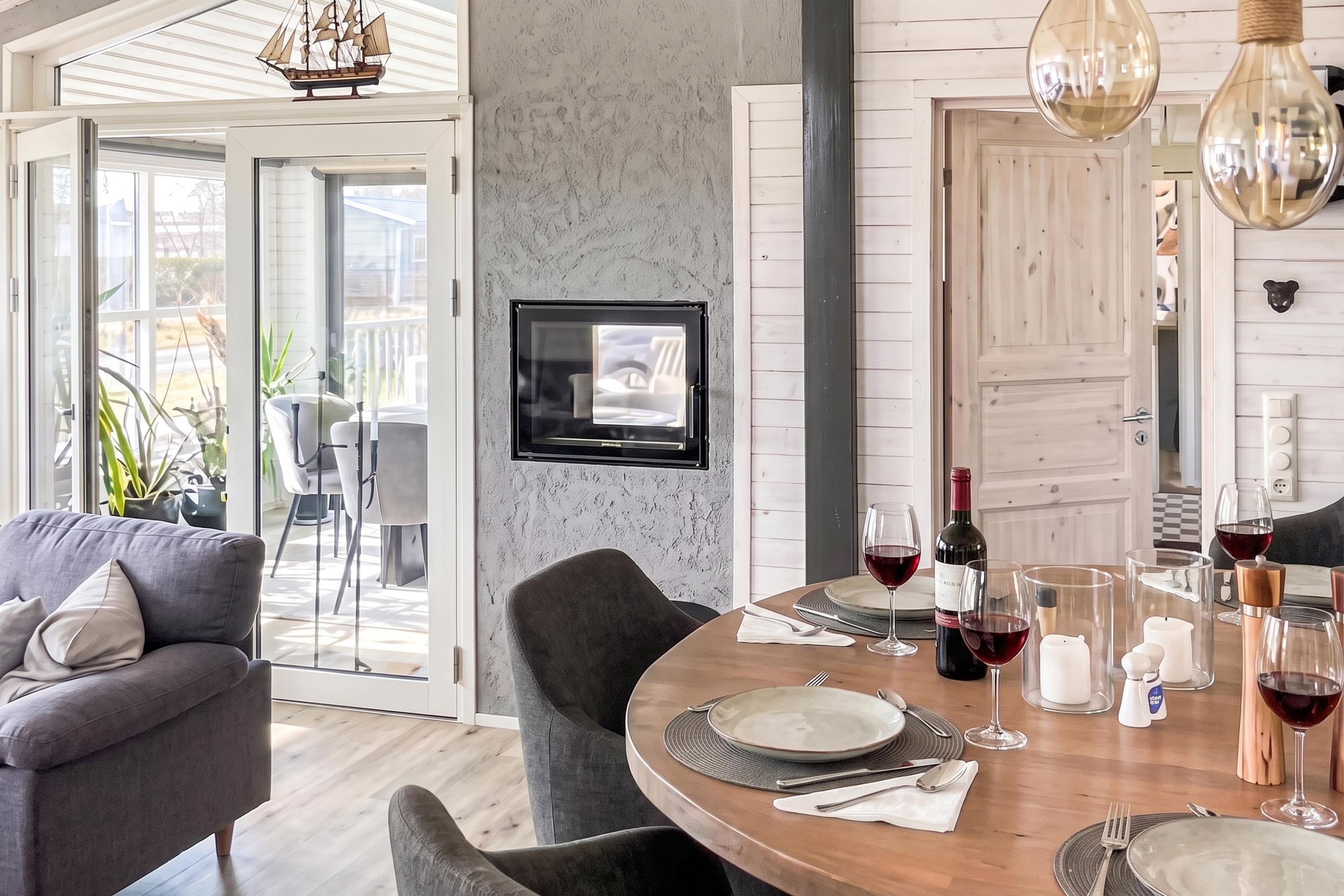 A dining area with a wooden table set for two, a fireplace, and a view of the outdoors.