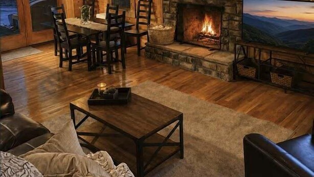 Un interior acogedor de cabaña con chimenea, paredes de madera, un comedor y un televisor.