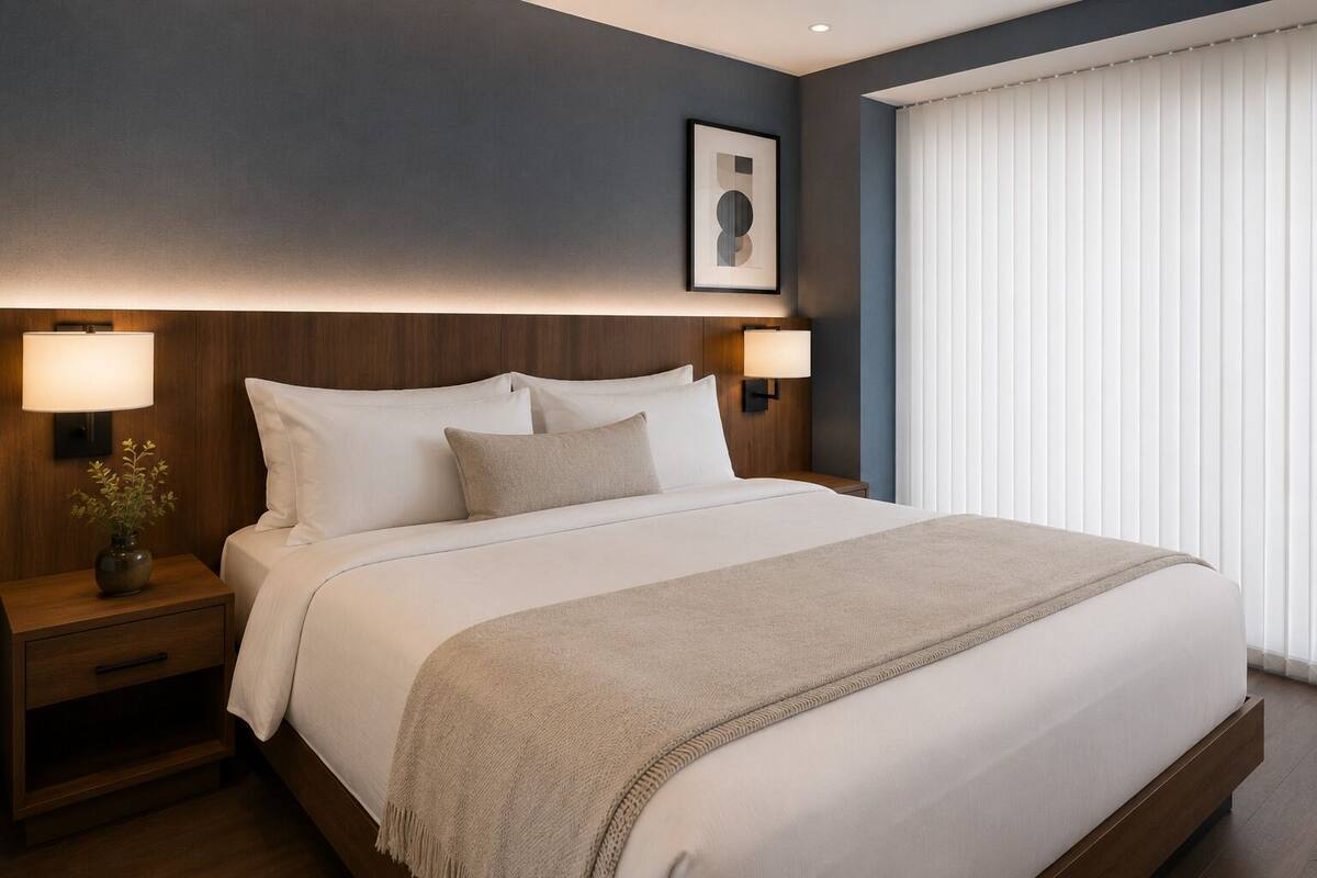 A modern hotel room with a large bed, two bedside tables with lamps, a framed artwork on the wall, and a large window with blinds.