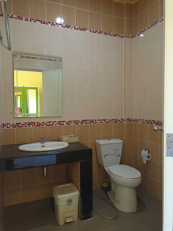 A bathroom with a sink, toilet, and mirror. - Khao Sok Country Resort (Phanom)