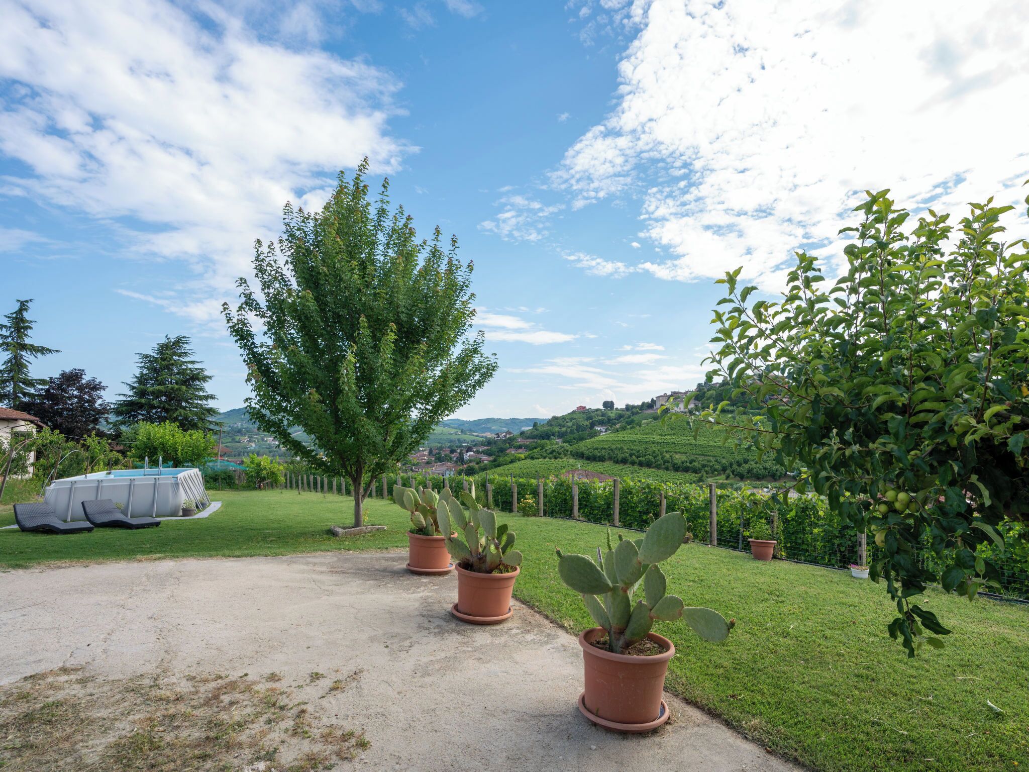 A garden with potted plants, a pool, and a view of a hilly landscape.