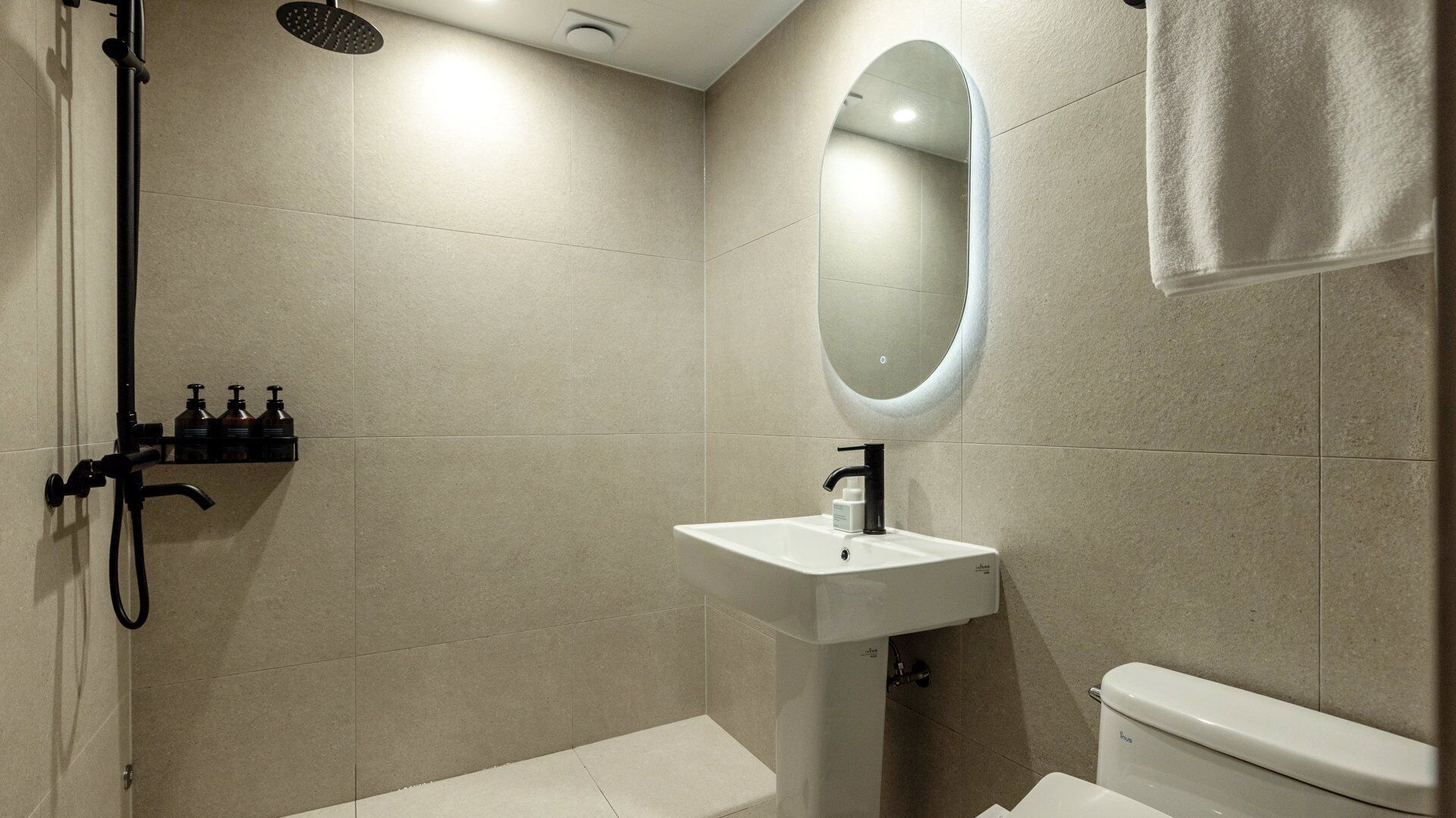 A modern bathroom with a shower, sink, and toilet.