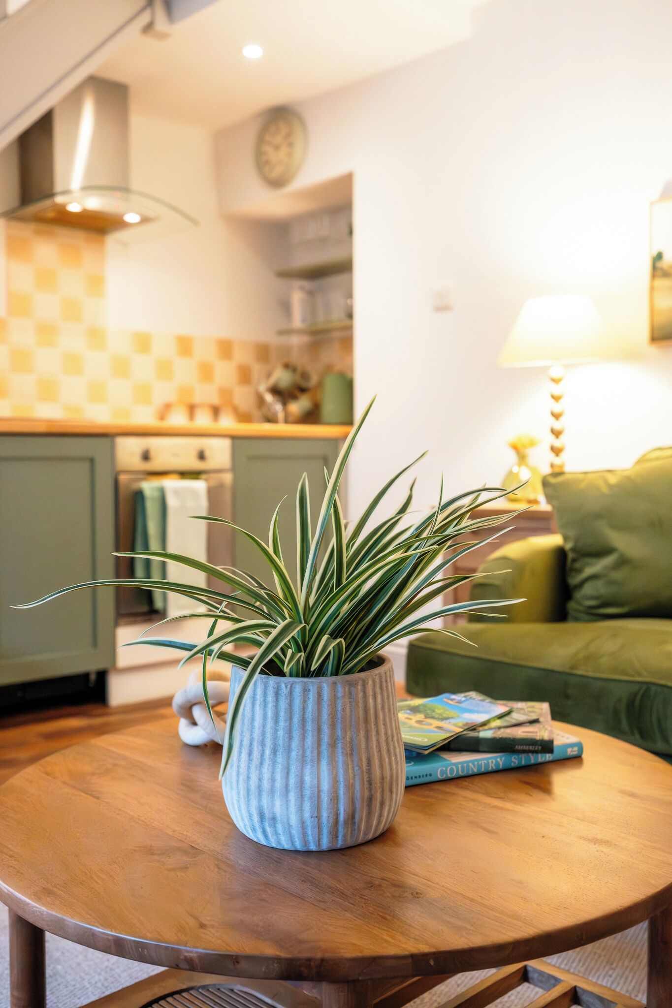 Ein runder Holztisch mit einem Blumentopf, ein grünes Sofa und eine Lampe in einem Wohnbereich.