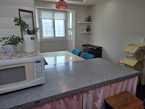 Una cocina con encimera de granito, microondas, lavabo, ventana con persianas, planta en maceta y un taburete de madera.