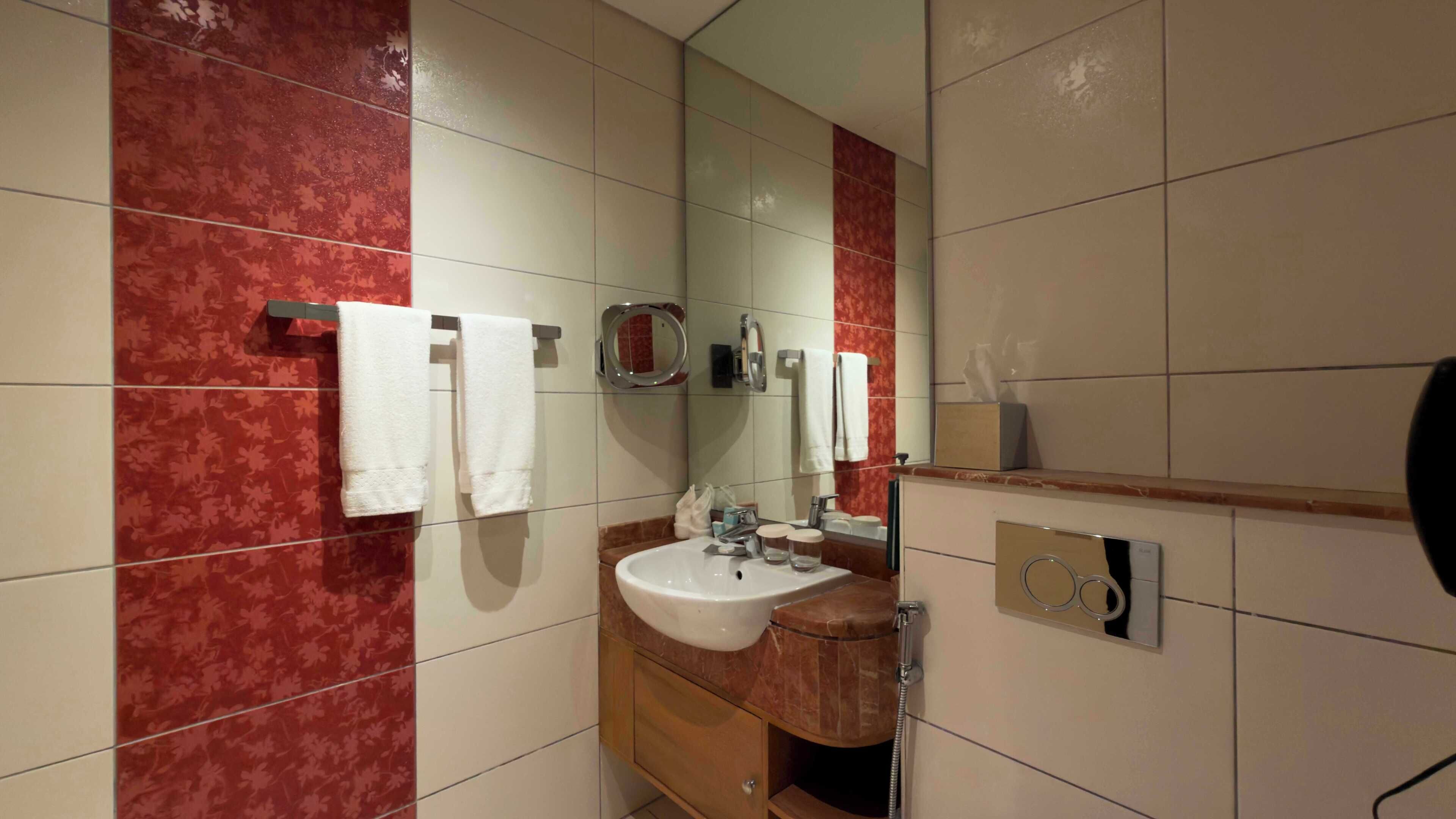 A bathroom with a sink, mirror, towel rack, and a shower.
