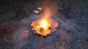 A campfire in a forest with a metal chair nearby. - Quiet, Humble, 1-bedroom cabin in charming North Pole perfect for a cozy getaway (North Pole)