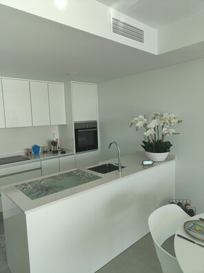 A modern kitchen with white cabinets, a built-in oven, a sink, and a potted orchid. - Casa Seabre (Finestrat)