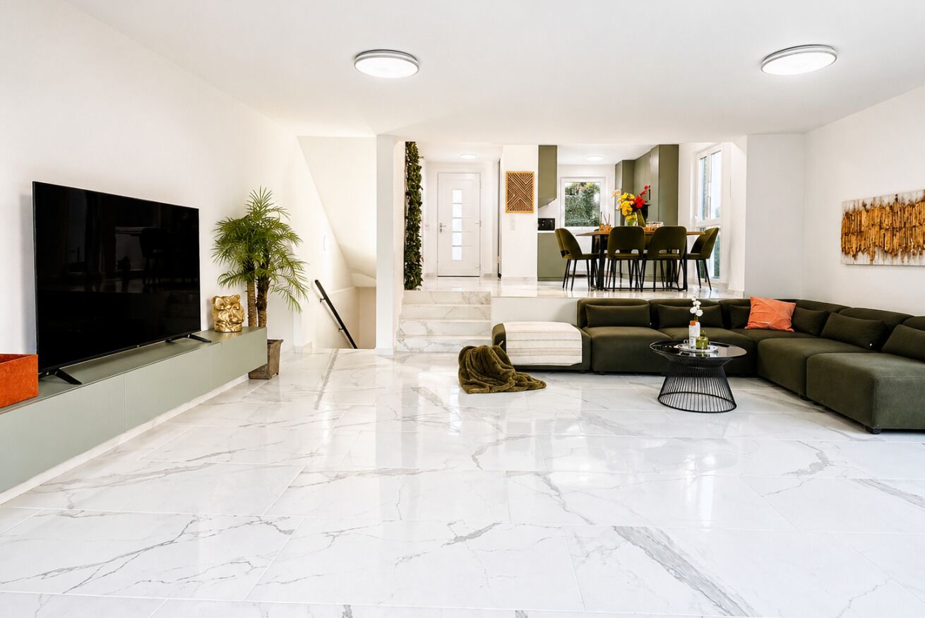 A modern living room with a flat-screen TV, a green sofa, a coffee table, and a staircase leading to a dining area.