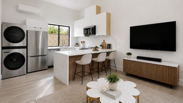 A modern kitchen with a central island, bar stools, a flat-screen TV, and built-in appliances. - Brand-New Luxury Private ADU, 2BR/2BA, Full Kitchen & Laundry (Fountain Valley)