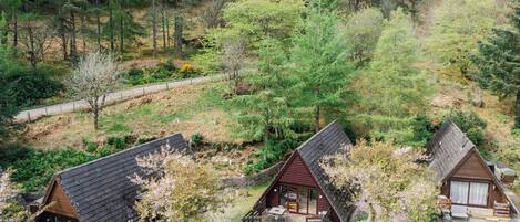 Three cabins with sloped roofs, surrounded by dense forest. Each cabin has a deck and outdoor seating area.