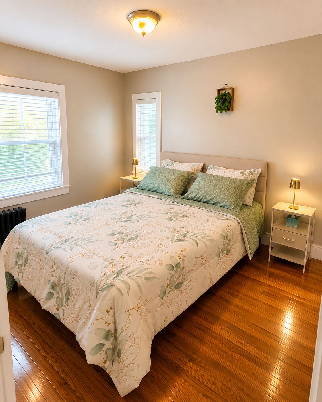 A bedroom with a bed, two bedside tables, a window, and a ceiling light fixture.