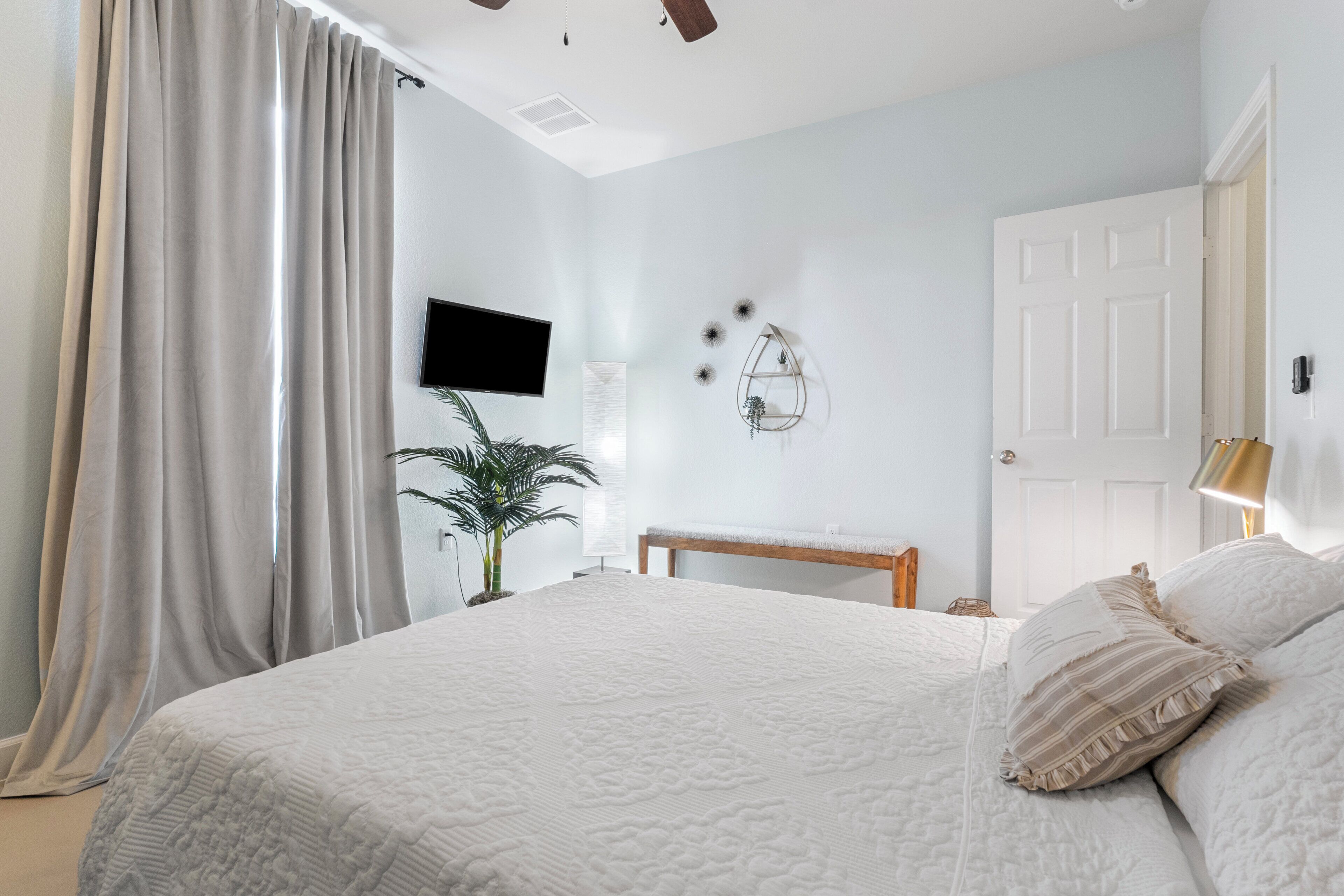 A bedroom with a bed, a TV mounted on the wall, a plant, and a door.