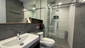 A modern bathroom with a glass shower enclosure, a white sink, and a toilet.