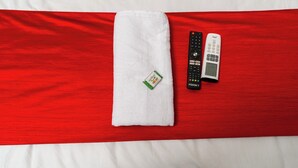 Een witte handdoek, een afstandsbediening en een klein zakje op een rood-witte spreidek.