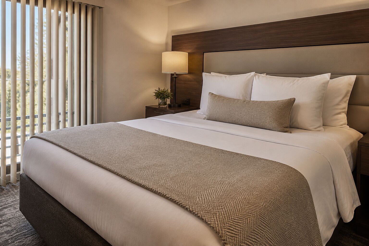 A hotel room with a large bed, a nightstand with a lamp, and a view through the window.