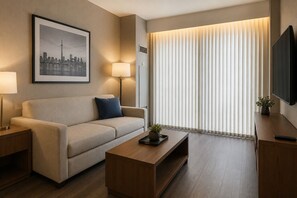 A modern hotel room with a sofa, a coffee table, a TV, and a large window with blinds. - Harborlight Suites (Toronto)