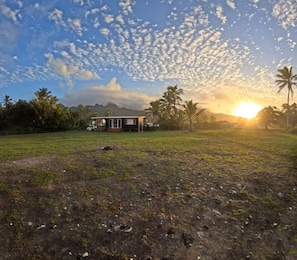 A house with a lawn, palm trees, and a mountain in the background. - Kuki Beach Bach (Matavera District)