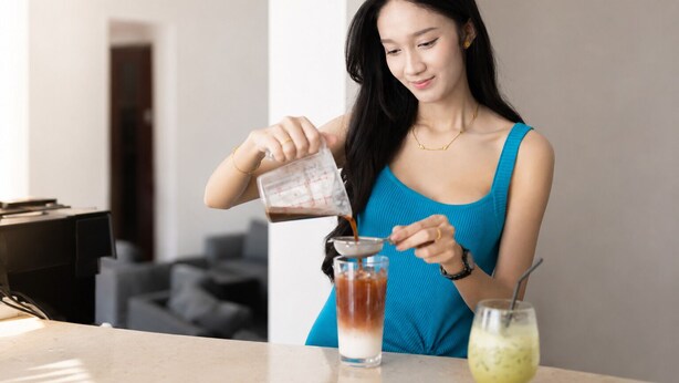 A person pouring a drink into a glass. - Harmony Hotel (Vientiane)