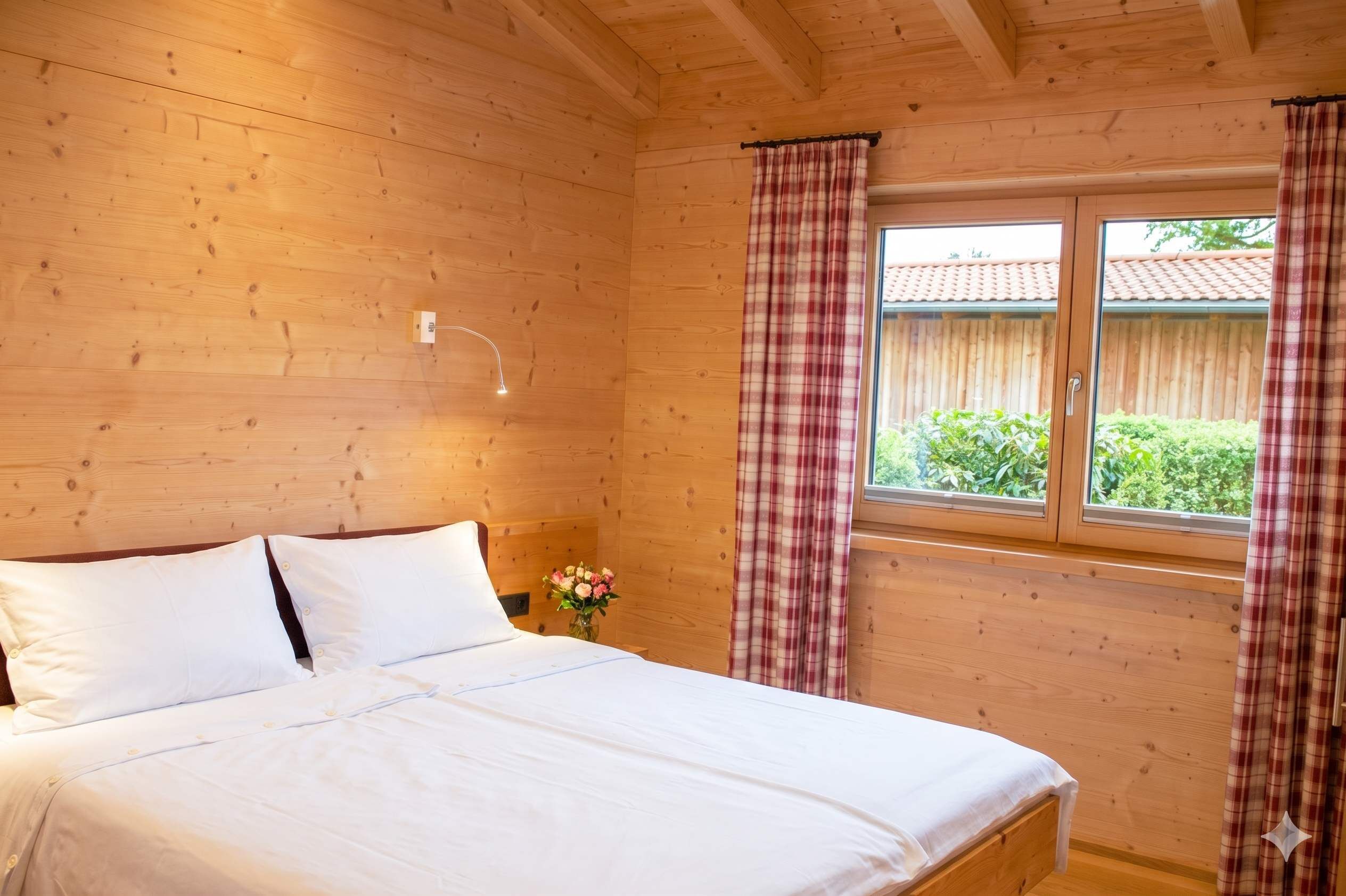 A wooden cabin bedroom with a bed, curtains, a window, and a nightlight.