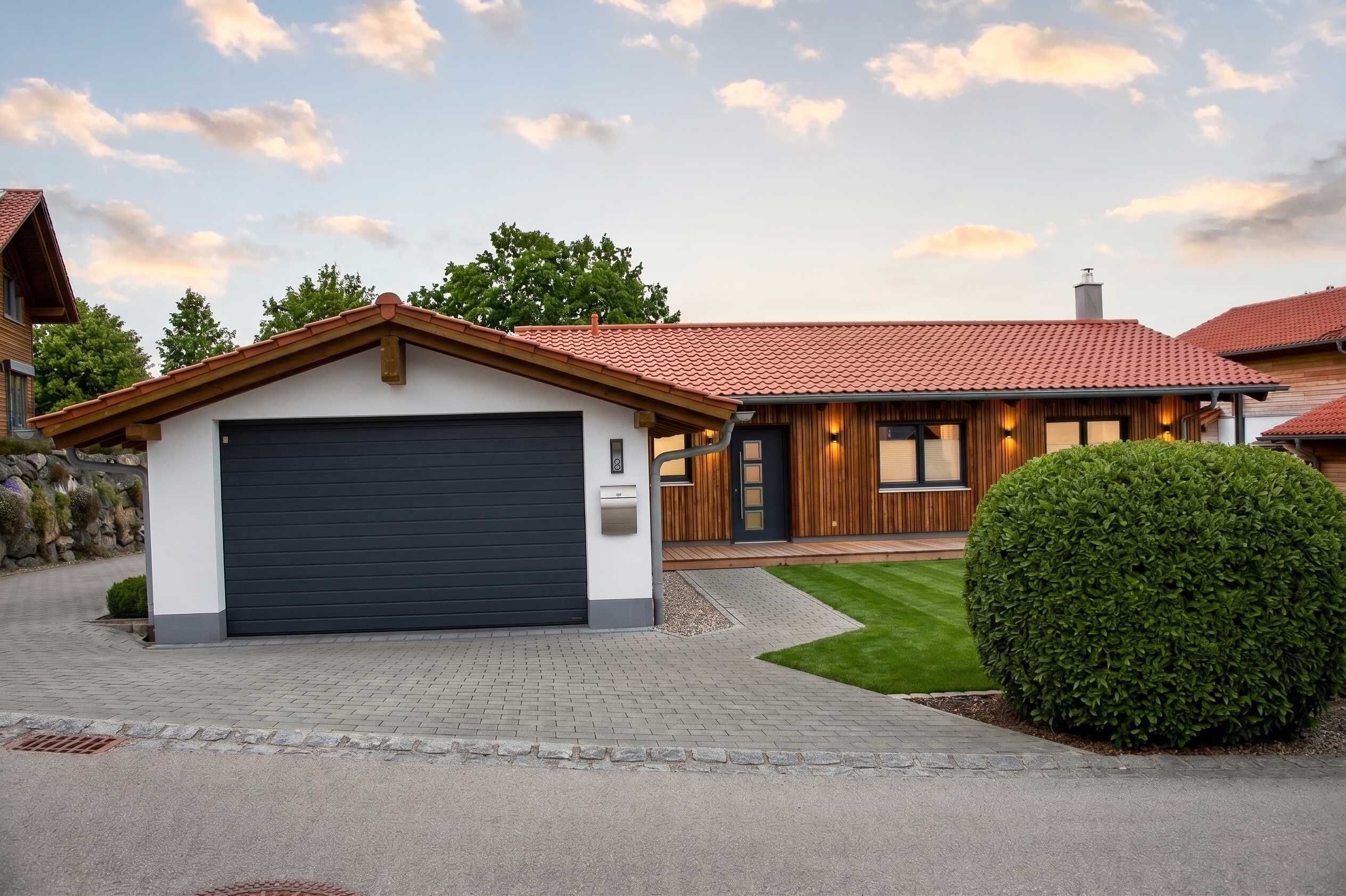 A modern house with a garage, a well-maintained lawn, and a large bush.