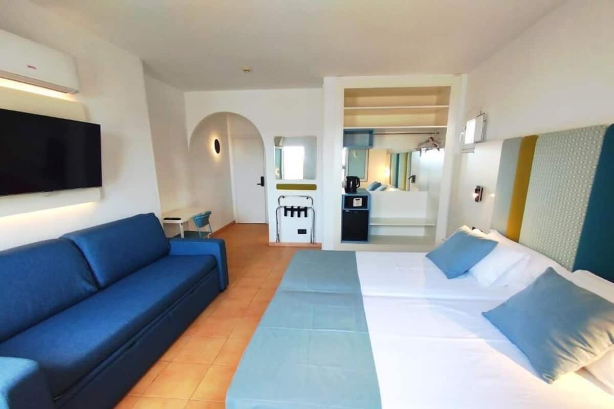 Una habitación de hotel con sofá, cama, televisor, escritorio y baño.