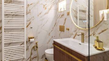 Shower, hair dryer, shampoo