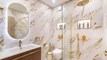 Shower, hair dryer, shampoo