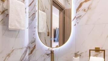 Shower, hair dryer, shampoo